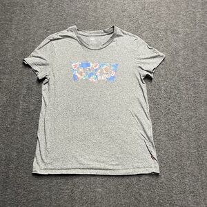 Levi's Short Sleeve Shirt Women's Medium Gray Floral Batwing Logo Cotton
